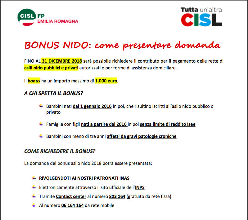 BONUS NIDO: C’E’ ANCORA TEMPO PER PRESENTARE LE DOMANDE