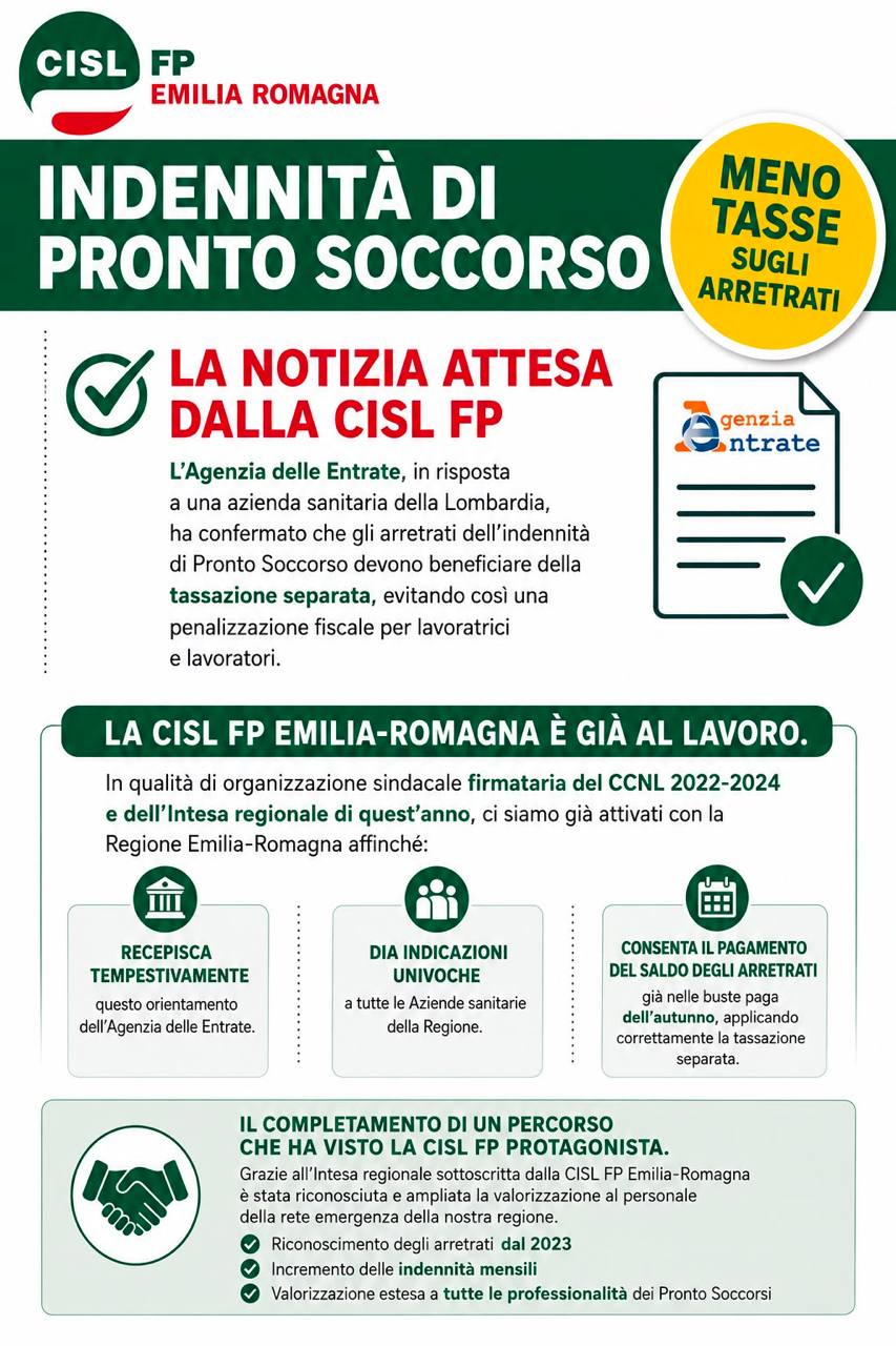 INDENNITÀ DI PRONTO SOCCORSO :  MENO TASSE SUGLI ARRETRATI
