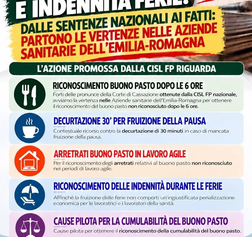 BUONO PASTO E INDENNITÀ FERIE: DALLE SENTENZE NAZIONALI AI FATTI, PARTONO LE VERTENZE CISL FP IN EMILIA-ROMAGNA